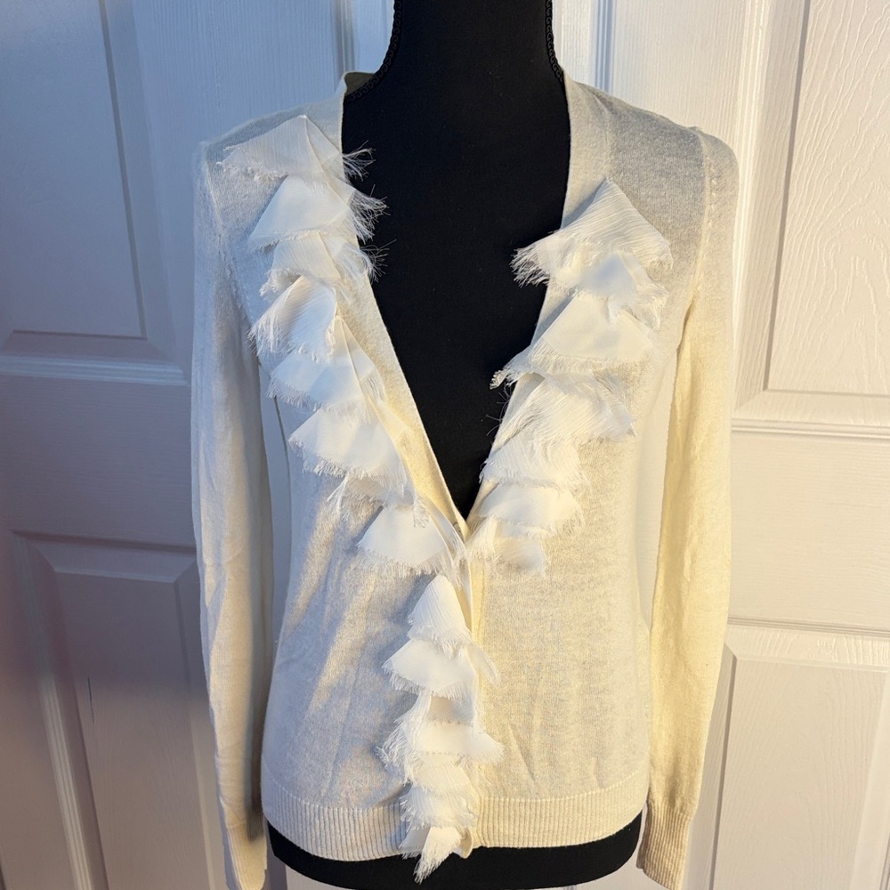 NAF NAF Lightweight Button Up Angora Mix Cardigan with Fringe Detail size small